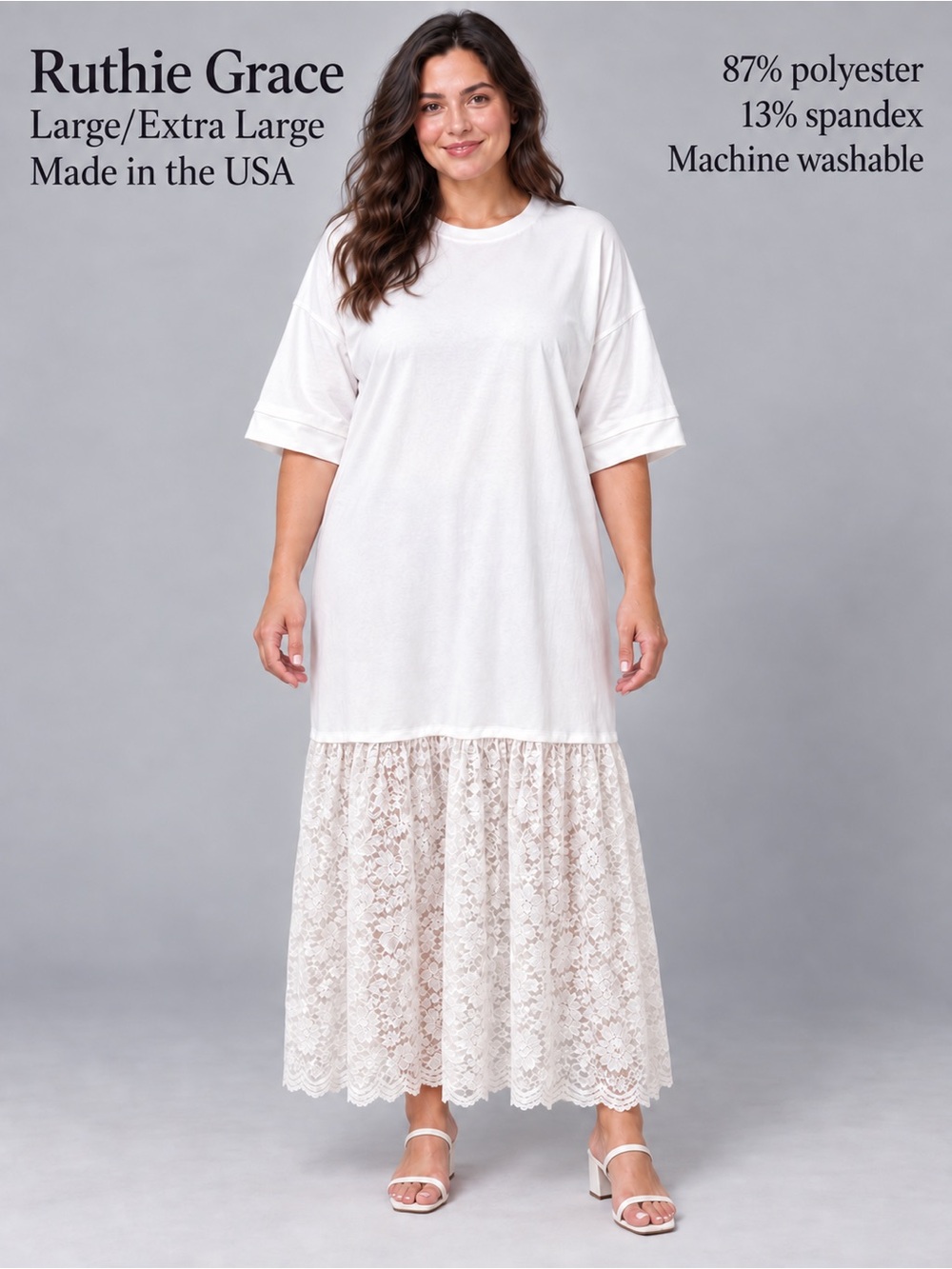 Ruthie Grace L/XLWhite Lace-Hem Maxi Dress